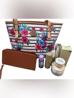 Giani Bernini Floral Stripe Tote Bag with Tan Trim